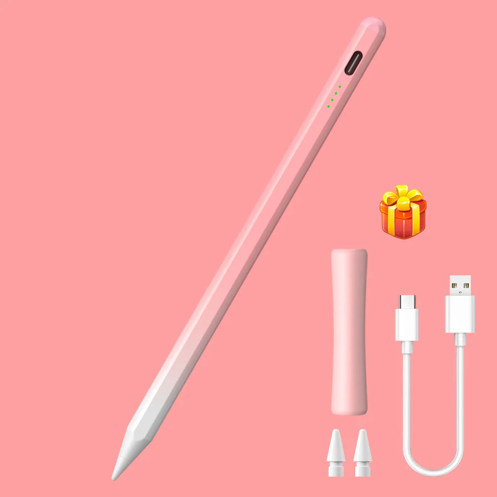 A pink precision active stylus pen is shown diagonally against a pink background with accessories like a charging cable and t