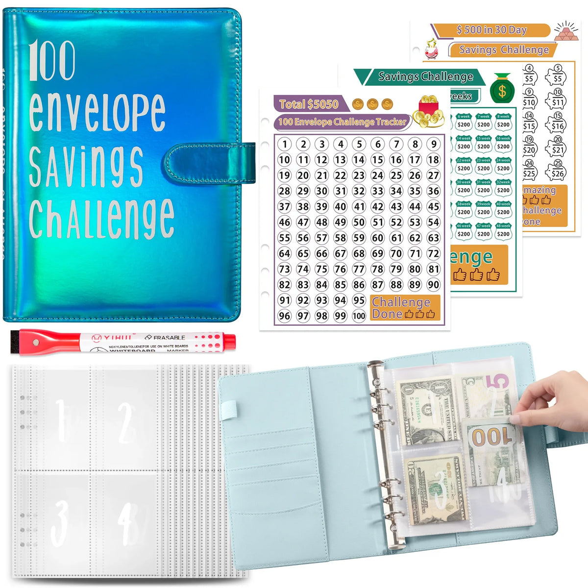 Grünes Umschlag-Spar-Challenge-Set mit Tracker, Geldumschlägen und Bargeld für eine Spar-Challenge.