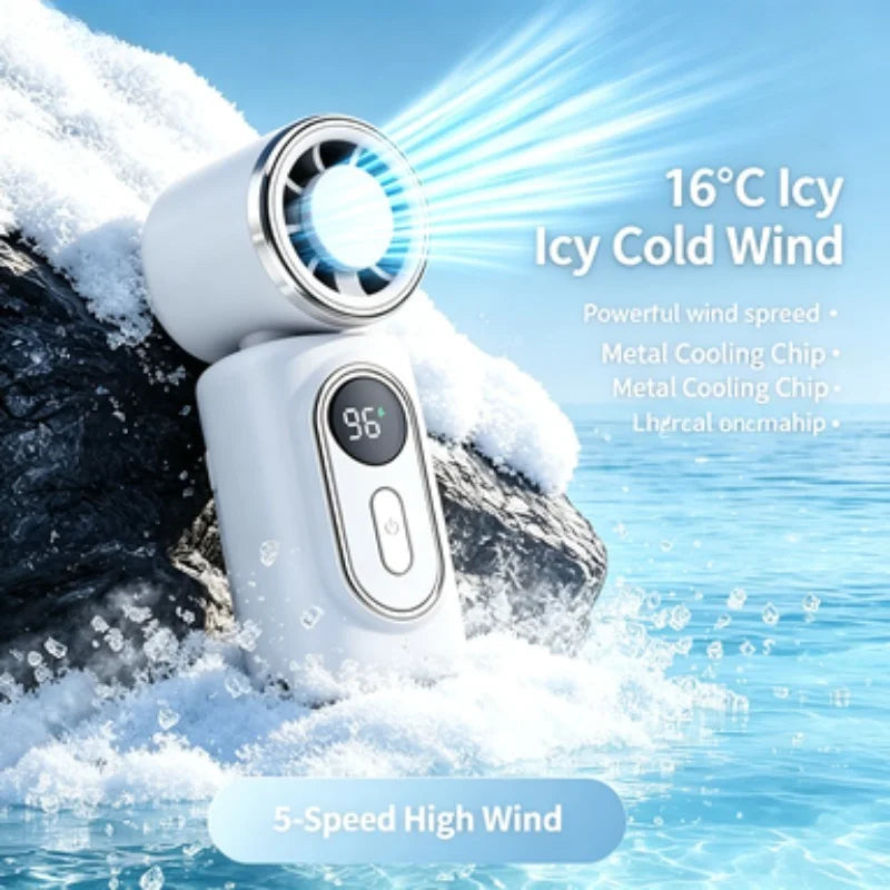 A white portable clip-on handheld cooling fan is shown emitting a strong cold wind against a backdrop of ice and water.