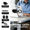 A magnetic suction phone holder mount shown with various components for desk and wall use.
