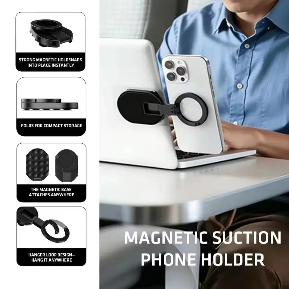 A magnetic suction phone holder mount shown with various components for desk and wall use.