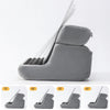A gray multi-angle tablet and phone stand shown in various tilt angles.