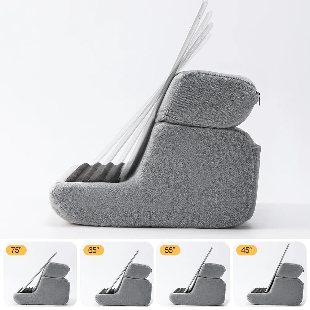 A gray multi-angle tablet and phone stand shown in various tilt angles.