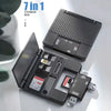 Schwarze 7-in-1 Aufbewahrungsbox mit mehreren Kartenfächern und Adapter zum Lesen verschiedener Karten.