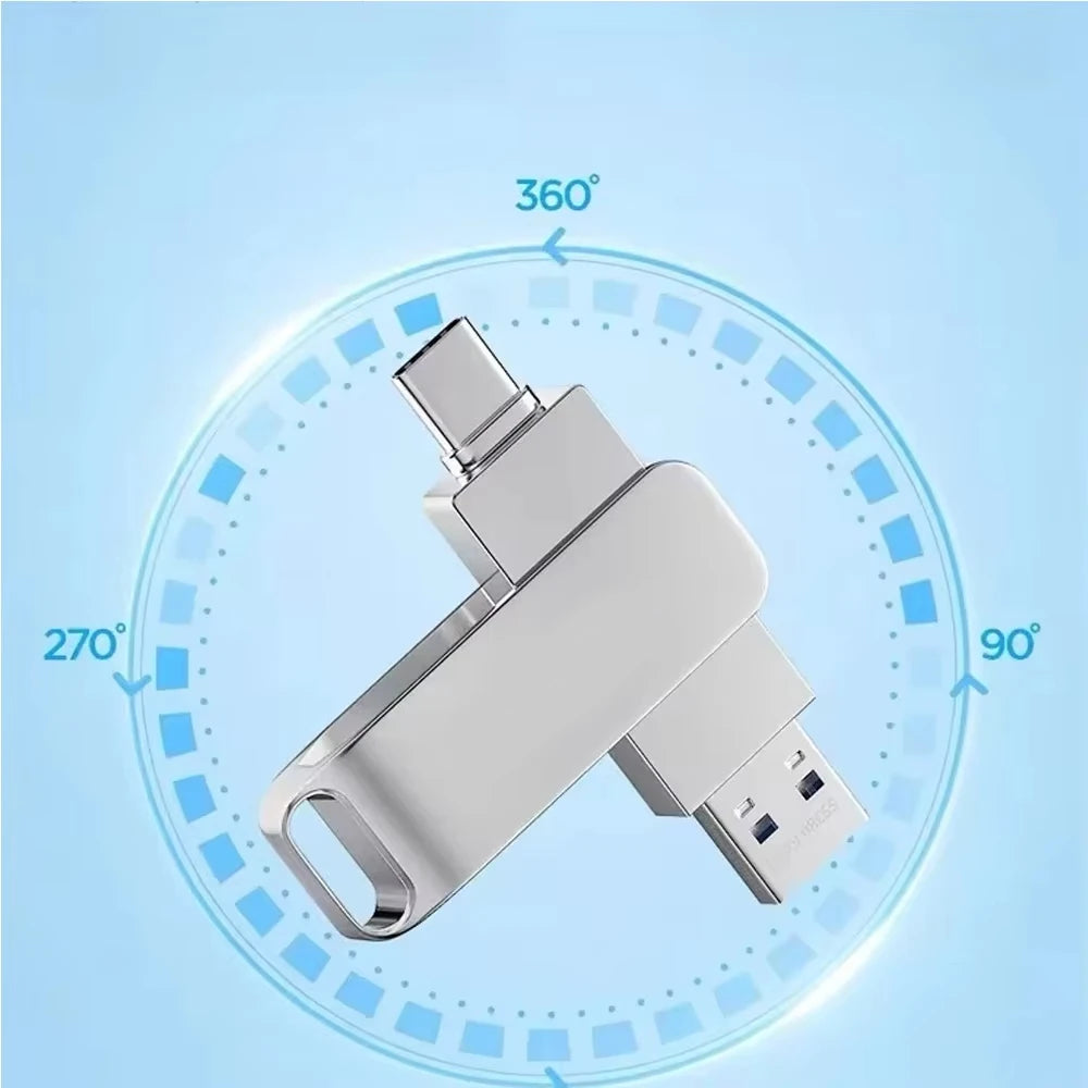 A silver high-speed 16TB USB 3.2 flash drive is shown rotating in a circular display.