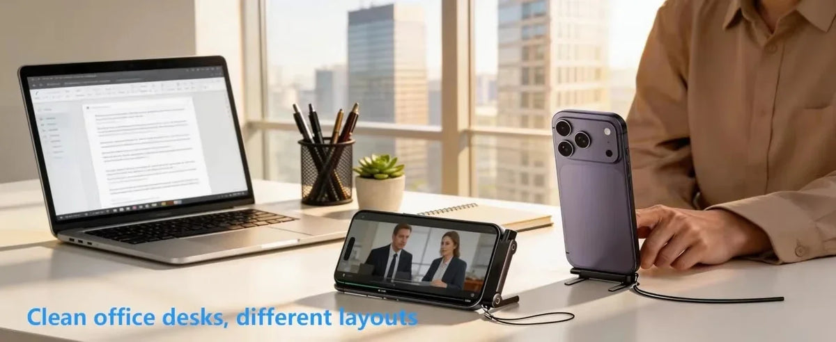 A laptop, smartphone, and charging adapter are displayed on a desk with a blurred city skyline in the background.