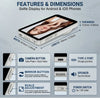 Features and dimensions of a magnetic selfie display for Android and iOS phones showing various buttons like camera, mirror, 