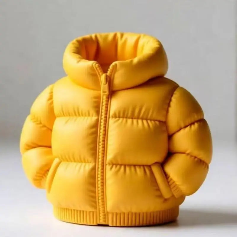 A bright yellow puffer jacket designed as a pen holder or quirky desk organizer.