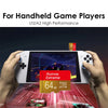 Hands holding a white tablet displaying a game interface, with a red card labeled 64GB and a yellow card visible.