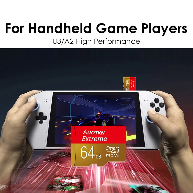 Hands holding a white tablet displaying a game interface, with a red card labeled 64GB and a yellow card visible.