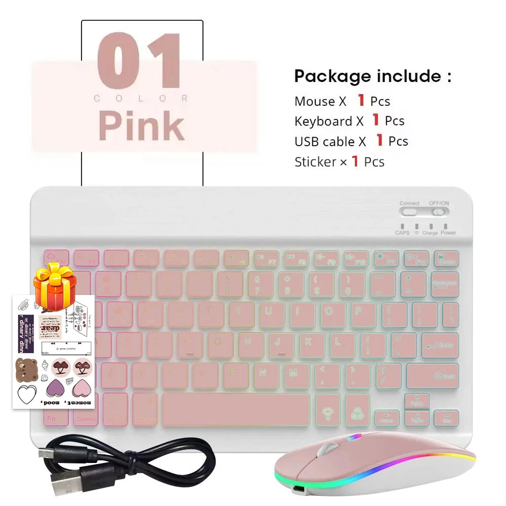 A pink portable Bluetooth keyboard and mouse set with a white laptop background and accessories.