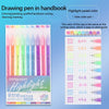 A set of multi-color writing pens and drawing pens in various pastel colors displayed in a handbook.
