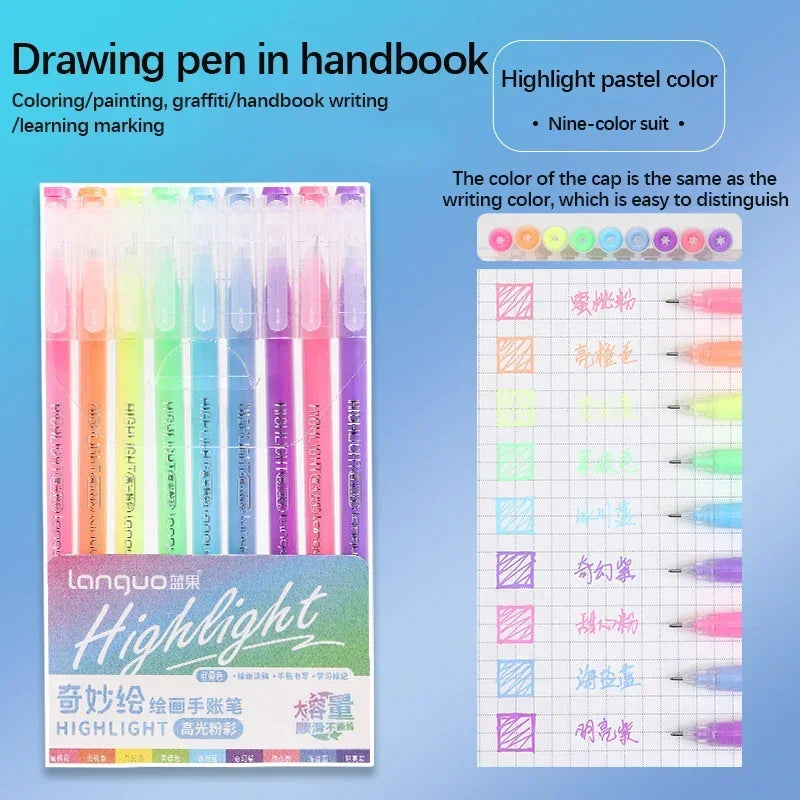 A set of multi-color writing pens and drawing pens in various pastel colors displayed in a handbook.