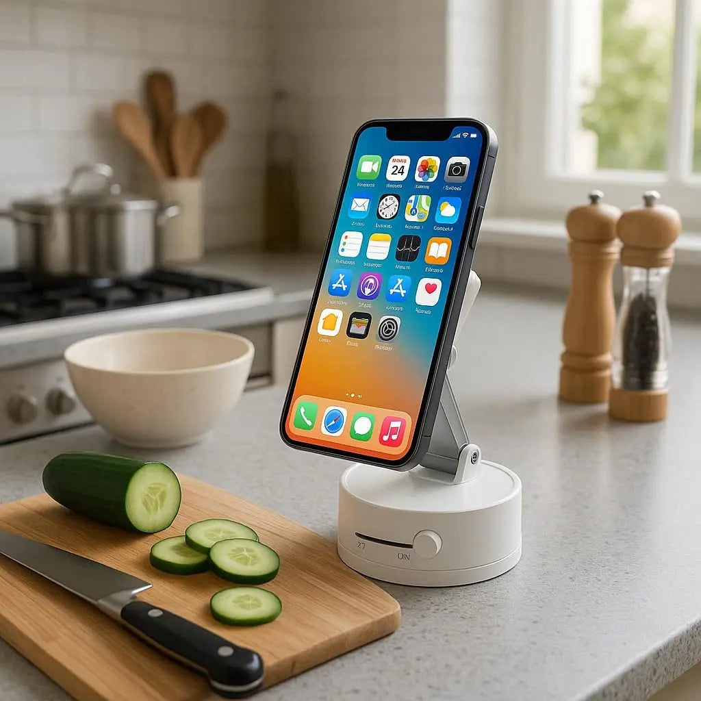 An orange foldable magnetic phone holder is displayed on a kitchen counter next to a cutting board and vegetables.