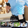 A person holds a smartphone displaying a blue energy effect while wearing a light blue shirt, with various clip-on fans shown