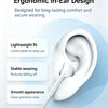A white in-ear headphone is shown against a light blue background with text highlighting ergonomic design features.