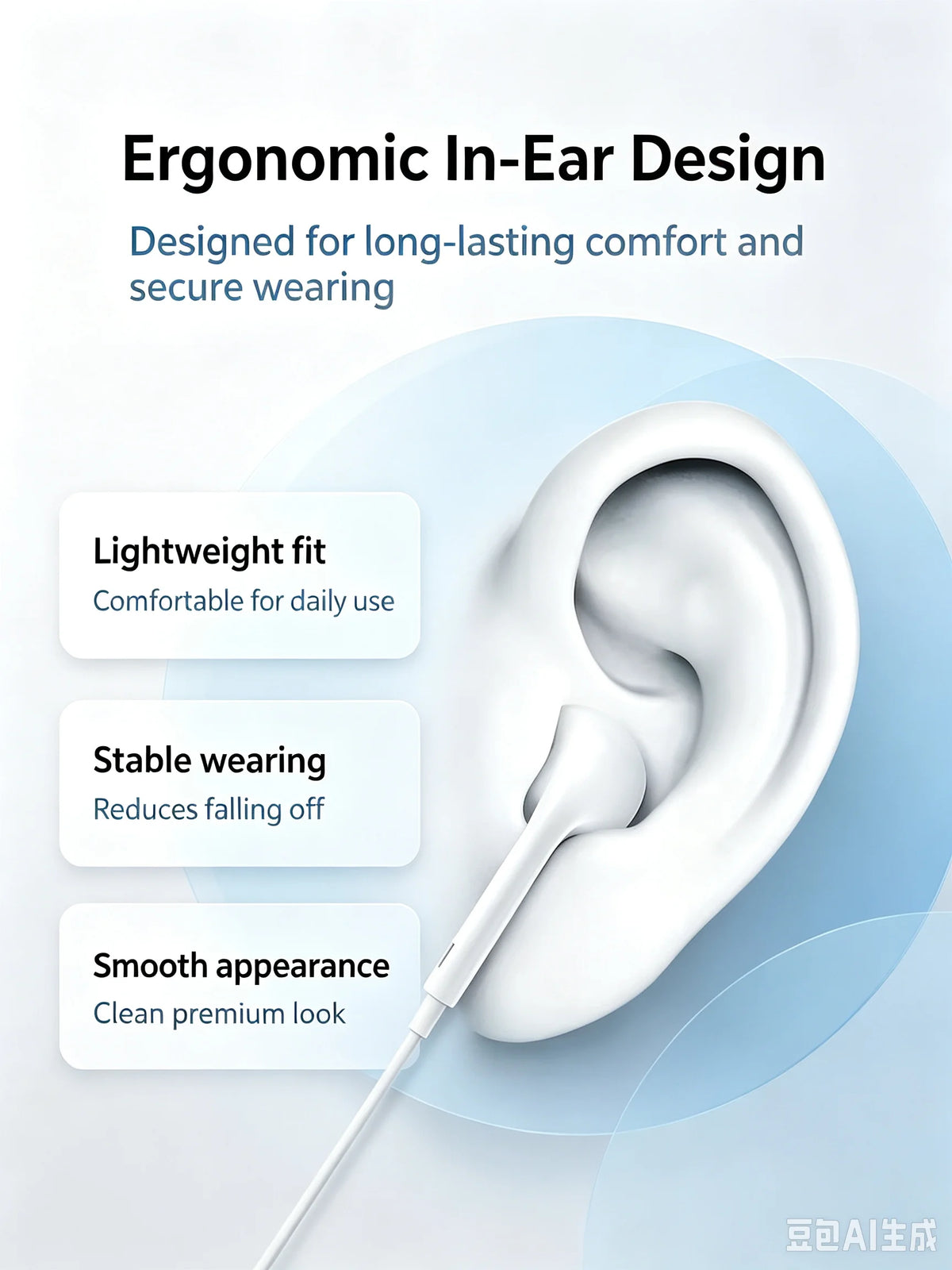 A white in-ear headphone is shown against a light blue background with text highlighting ergonomic design features.
