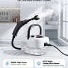 A white handheld steam cleaner with a black nozzle and hose is shown in a kitchen setting.