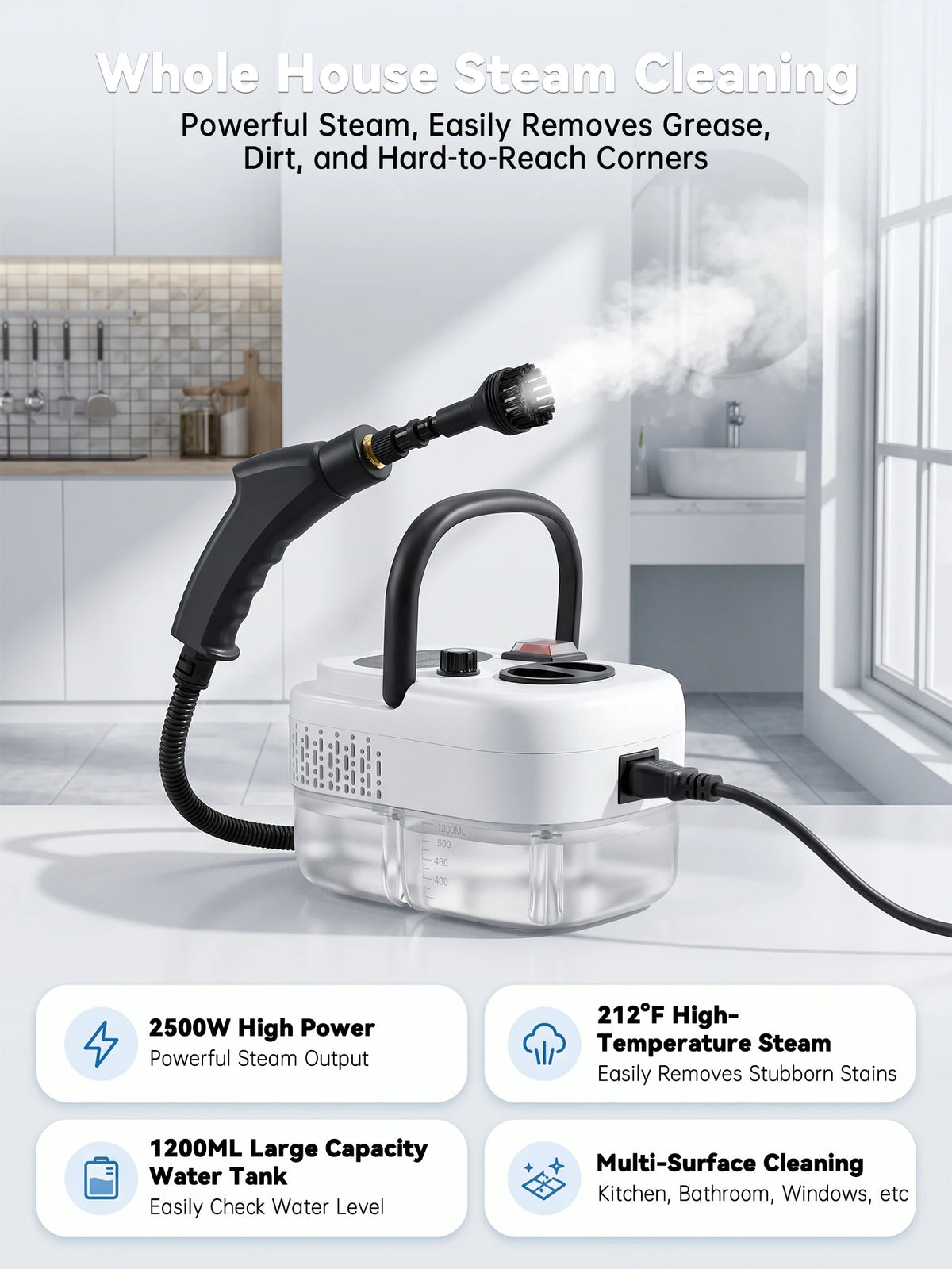 A white handheld steam cleaner with a black nozzle and hose is shown in a kitchen setting.