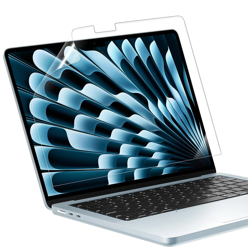 Silberlaptop mit Schutzhülle, der ein blaues Lichtmuster auf dem Bildschirm anzeigt.