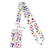 A white lanyard featuring various small tools and accessories for holding ID badges and keys.