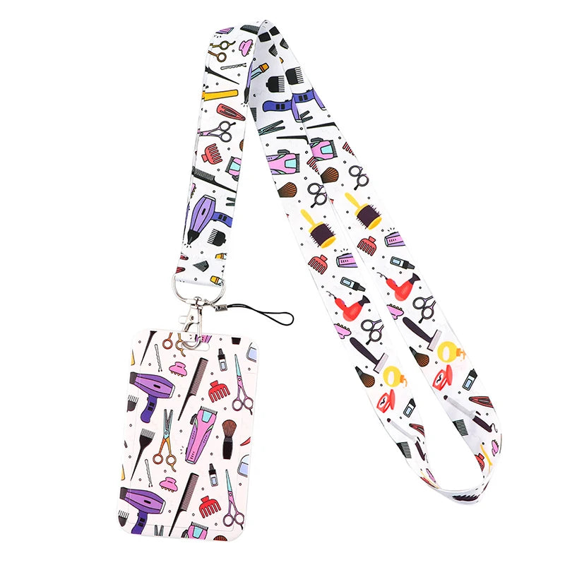 A white lanyard featuring various small tools and accessories for holding ID badges and keys.