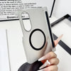 A hand holds a silver Samsung Galaxy Z Fold case with a circular cutout on the back.