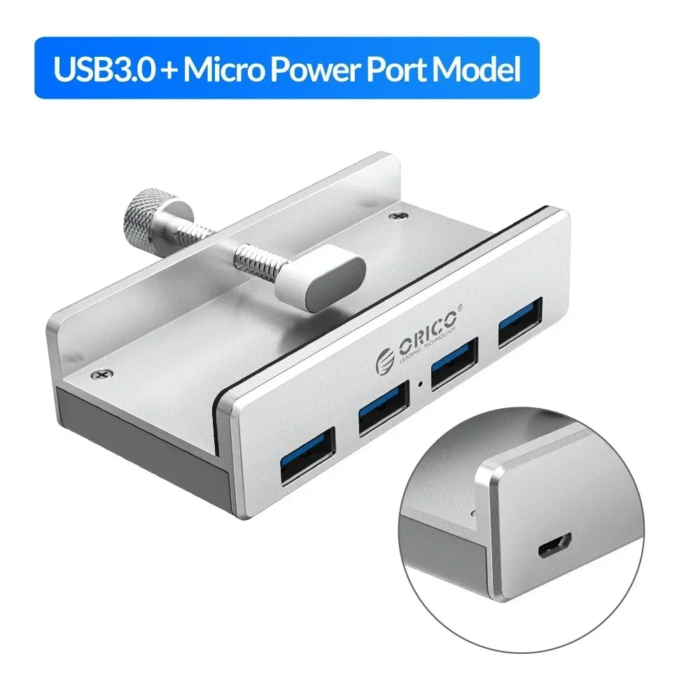 A silver multi-port USB 3.0 hub with a clip, showing the main unit and a close-up of the port.