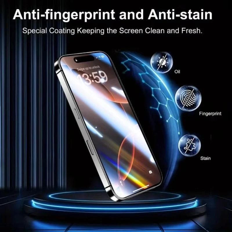 A close-up of an iPhone displaying a screen protector, highlighting anti-fingerprint and anti-stain features.