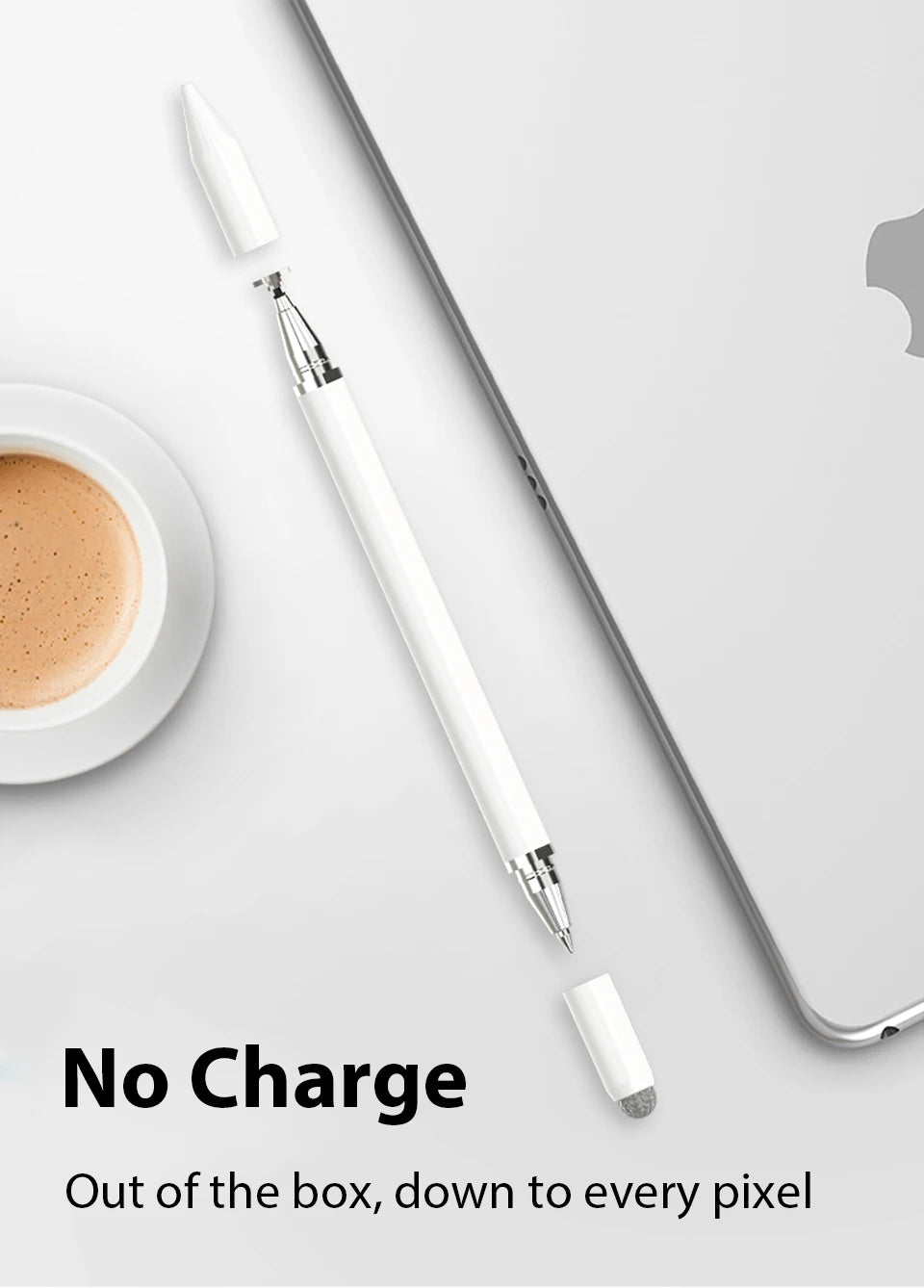 A white magnetic stylus pen is shown next to a laptop, emphasizing its precision and use for various devices.