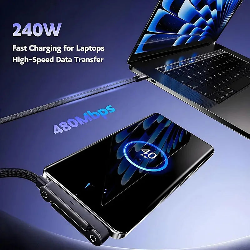 A black cable is shown connecting a laptop and a smartphone, highlighting fast charging and data transfer capabilities.