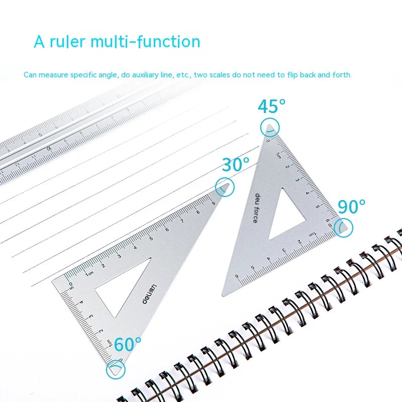 A set of aluminum drafting rulers showing various angles including 30, 45, 60, and 90 degrees.