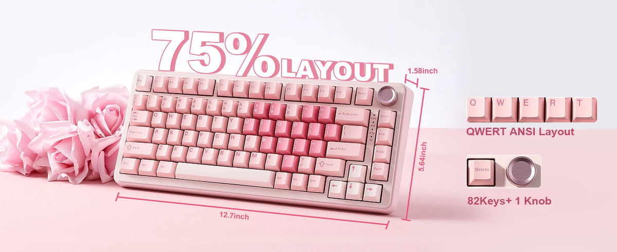 A pink mechanical keyboard with a layout showing 75% layout and 82 keys plus one knob.