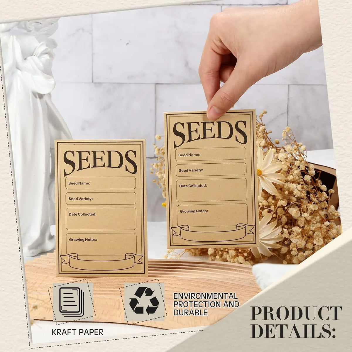 A hand places a seed envelope with detailed growing notes onto a wooden surface next to dried flowers and kraft paper.
