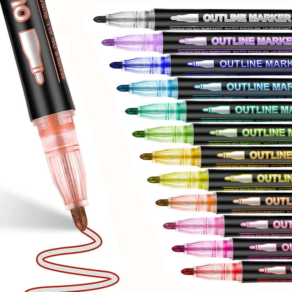 A collection of outline markers in various colors and tips, shown in a vertical arrangement.
