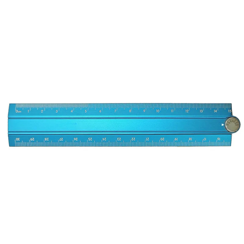 A blue aluminum folding ruler marked in centimeters, showing a scale from 1 to 30 cm.
