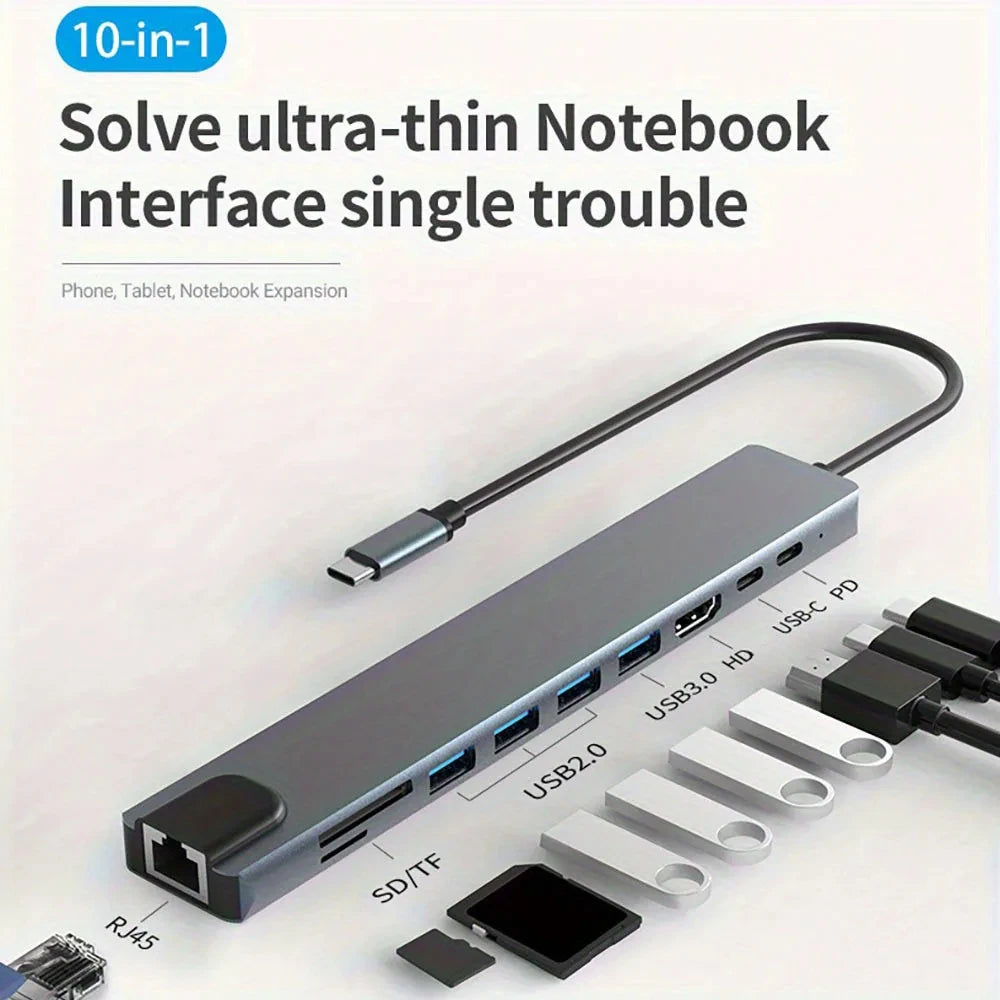 A gray 10-in-1 multi-port USB-C docking hub with various ports including USB 3.0, USB 2.0, SD/TF, and RJ45 connectors.