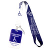 A purple ID badge holder with a white lanyard featuring text about disability awareness and patience.