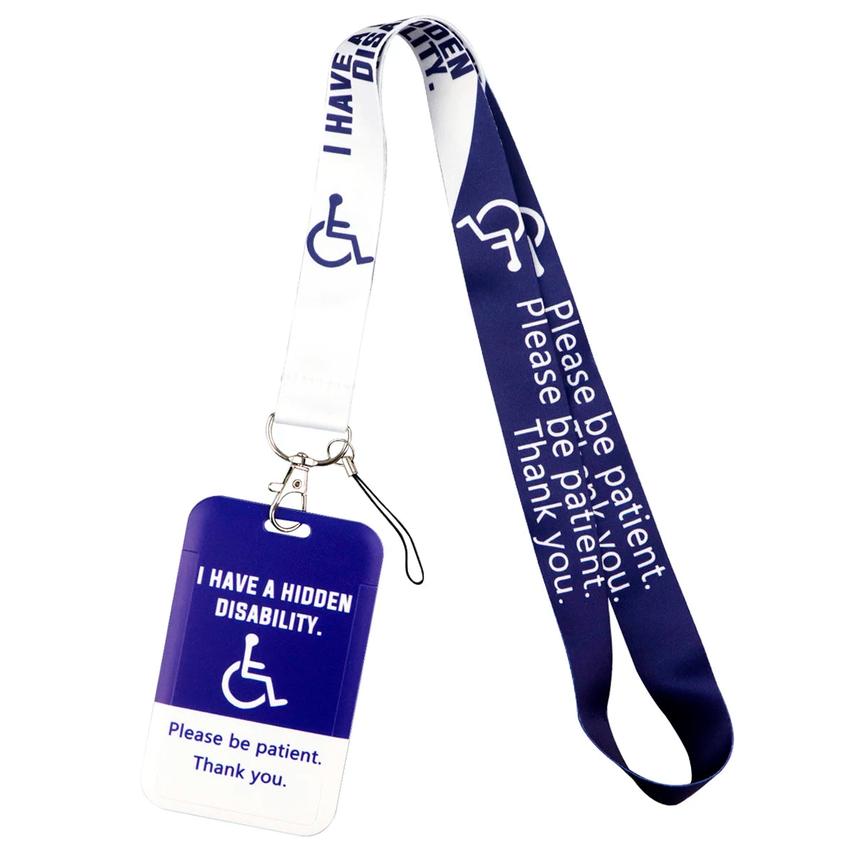 A purple ID badge holder with a white lanyard featuring text about disability awareness and patience.