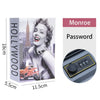 A small storage box labeled Monroe Password with a round dial and keyhole.