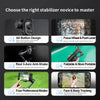 A set of six panels showcasing features and uses of a 3-axis handheld gimbal stabilizer for smartphone.