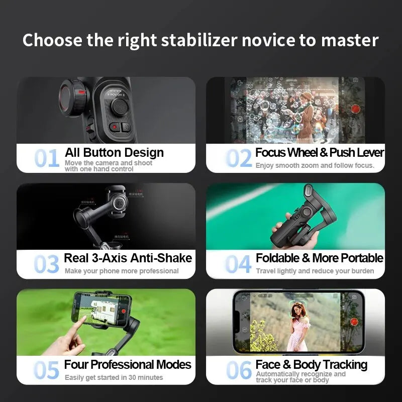 A set of six panels showcasing features and uses of a 3-axis handheld gimbal stabilizer for smartphone.