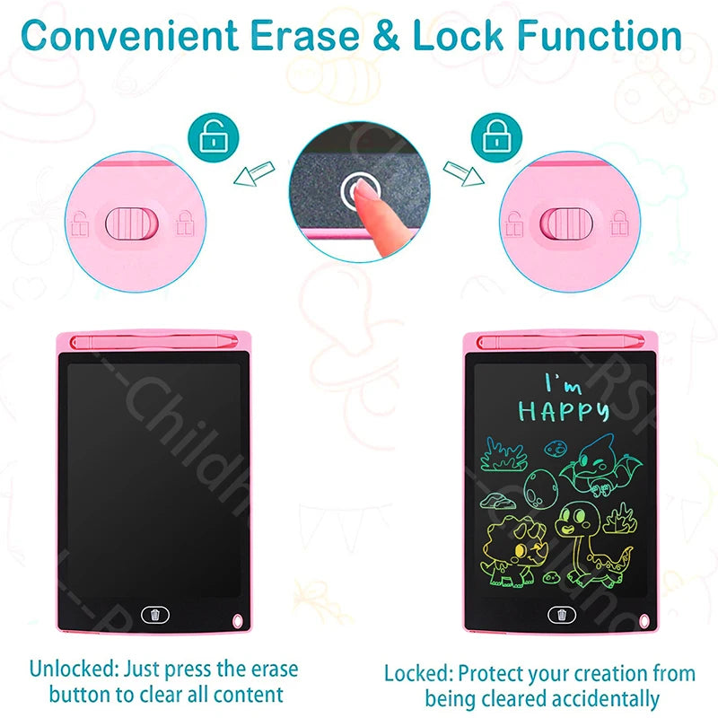 A pink LCD writing tablet showing a happy cat drawing, demonstrating the erase and lock function.