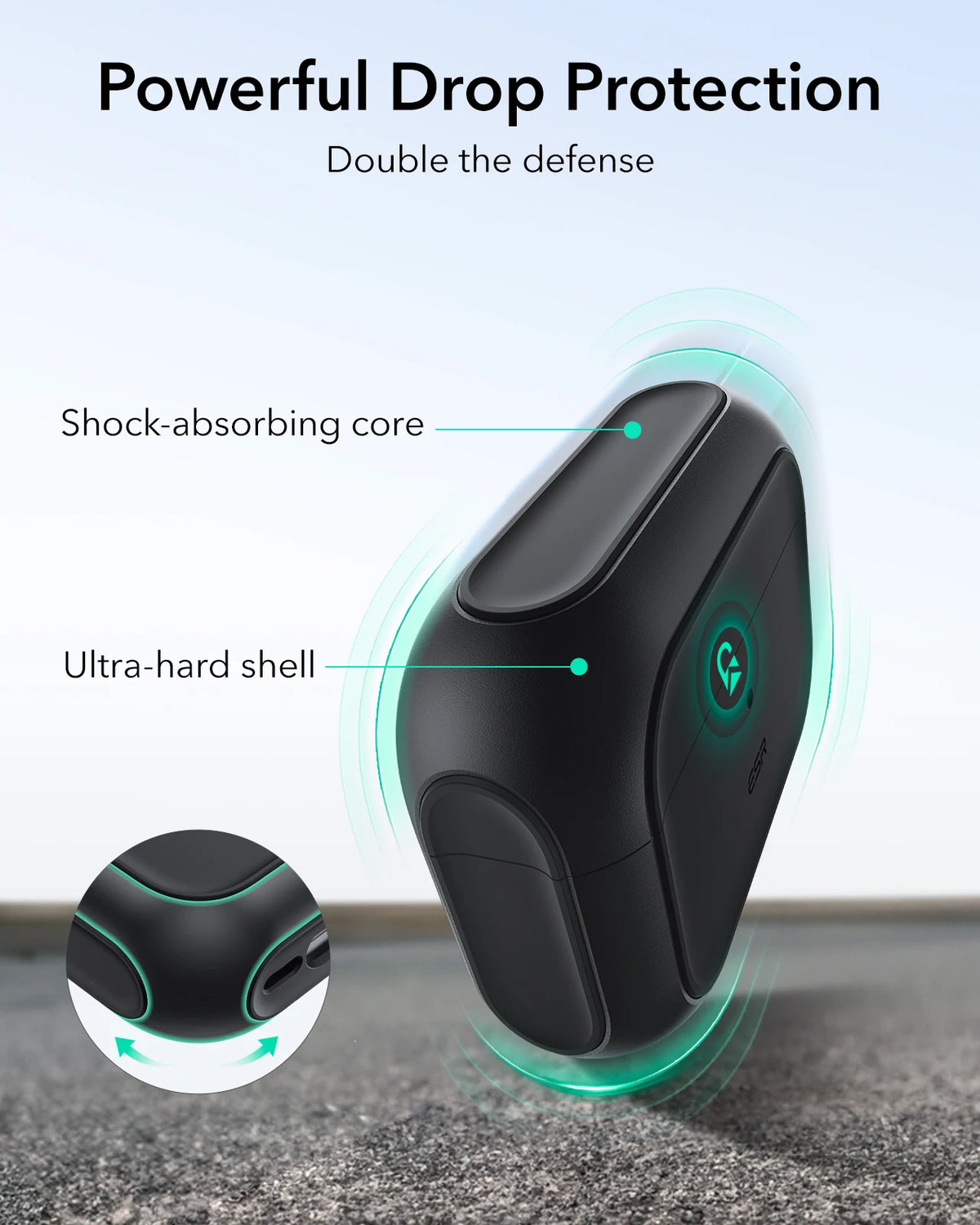 A black magnetic case for AirPods Pro showing a shock-absorbing core and ultra-hard shell protection.