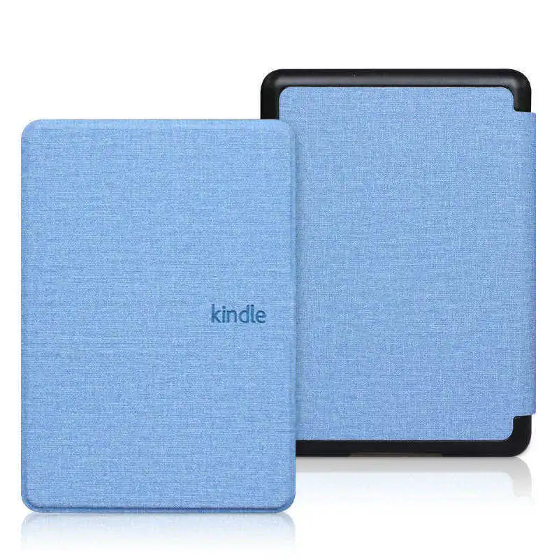 A light blue magnetic protective case for a Kindle e-reader device.