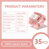 A close-up view of pink linear mechanical keyboard switches with technical parameters listed.