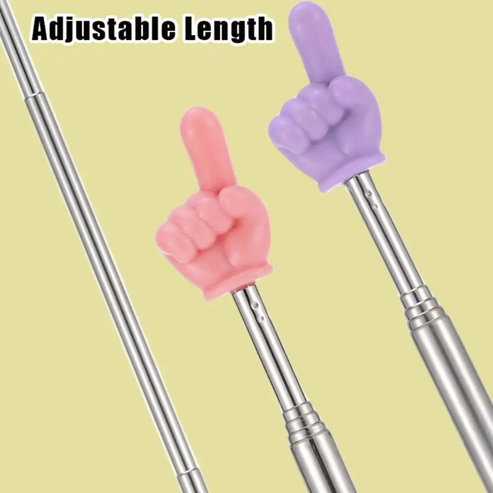 Adjustable length teaching pointer with pink and purple hand shapes on stainless steel rods