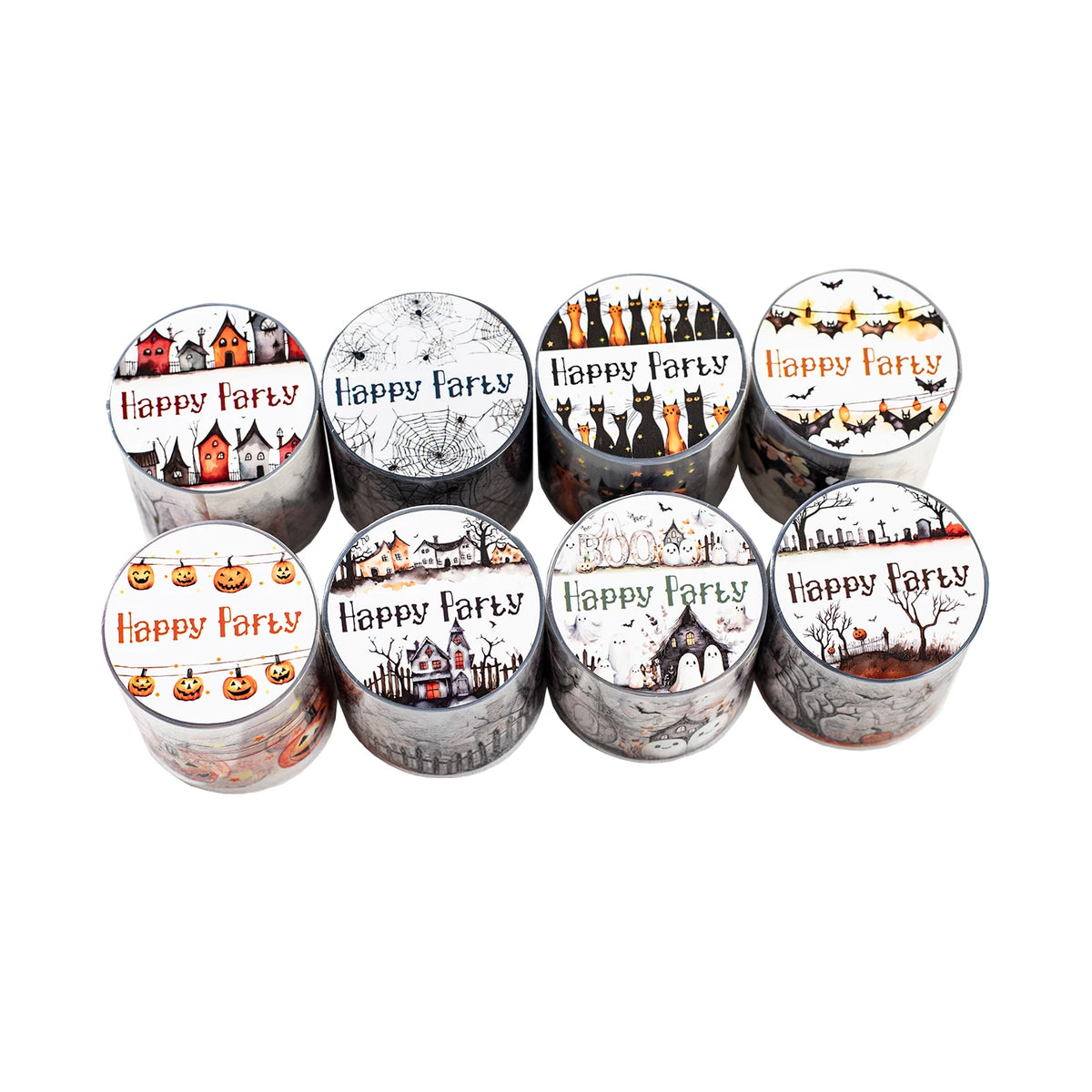 A set of nine vintage gothic Halloween decorative masking tapes featuring spooky scenes like bats, witches, and pumpkins.