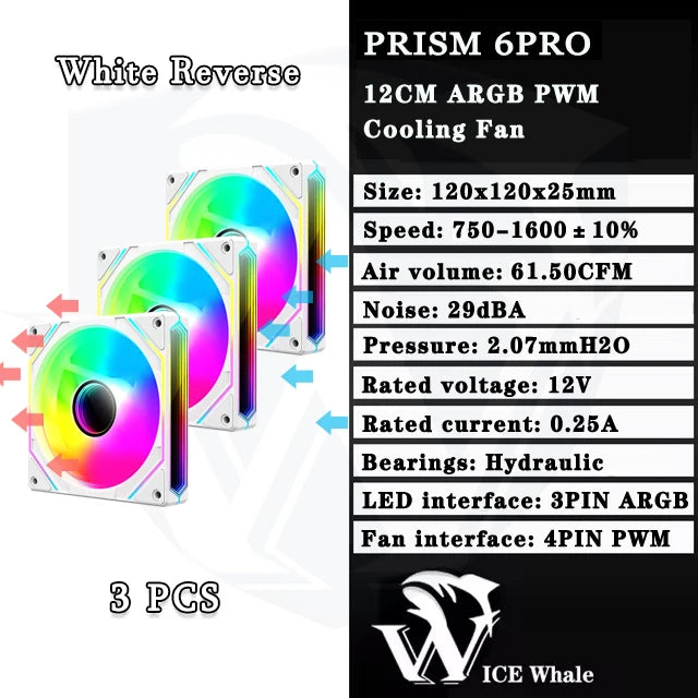 مروحة تبريد ARGB PWM من نوع White Reverse Prism 6PRO بحجم 12 سم تُعرض في ثلاث قطع