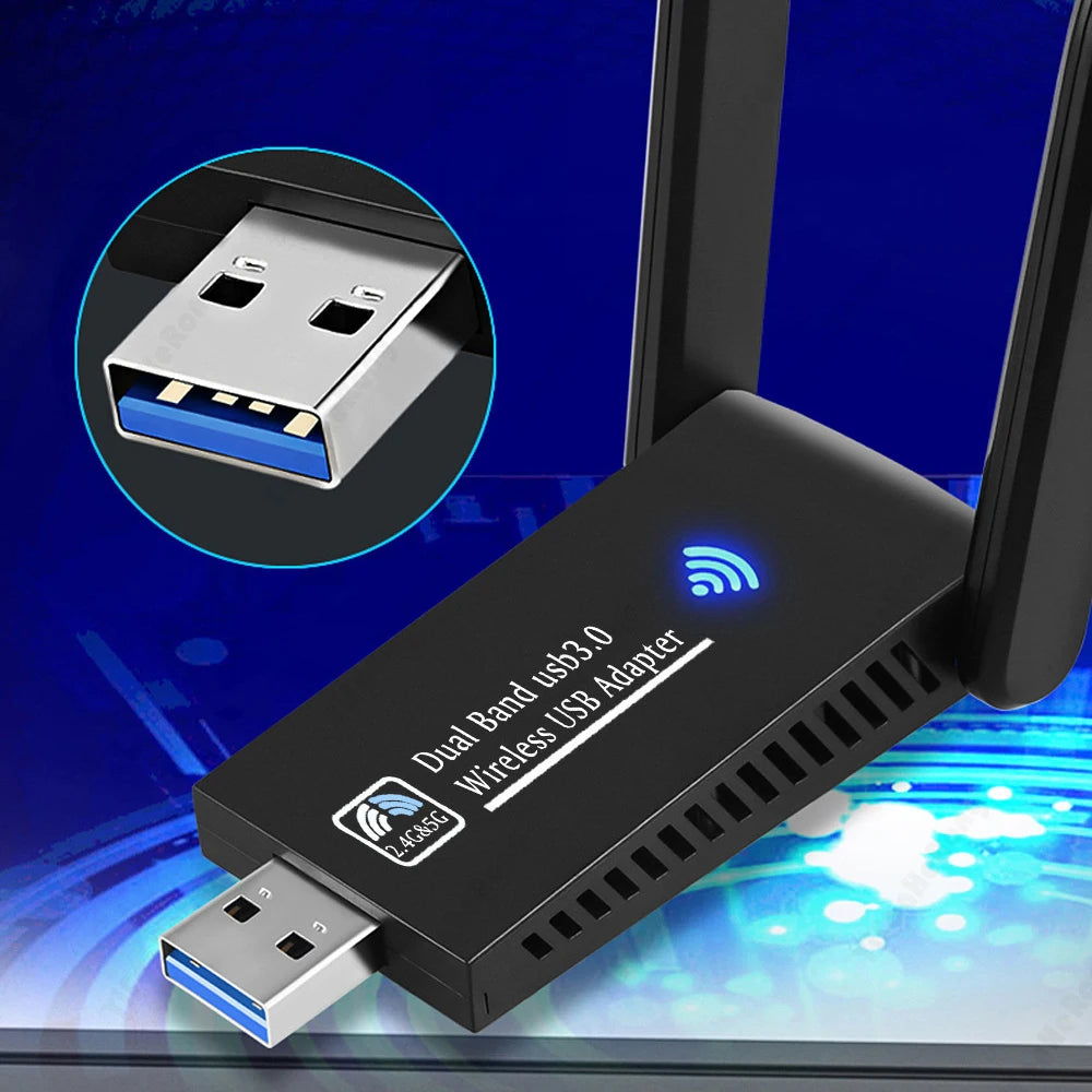 A black dual band USB wireless adapter is shown with a close-up view of its connector and branding.